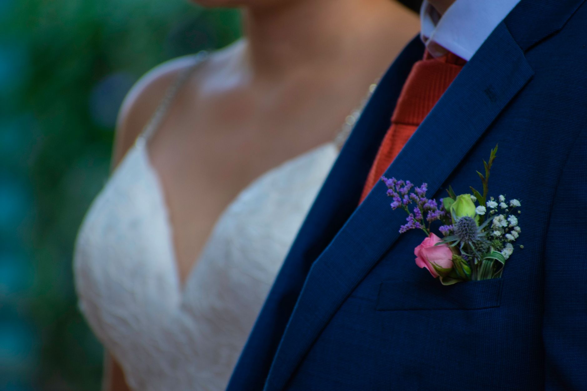 A close-up of a bride and groom in wedding attire, showcasing elegance and love.